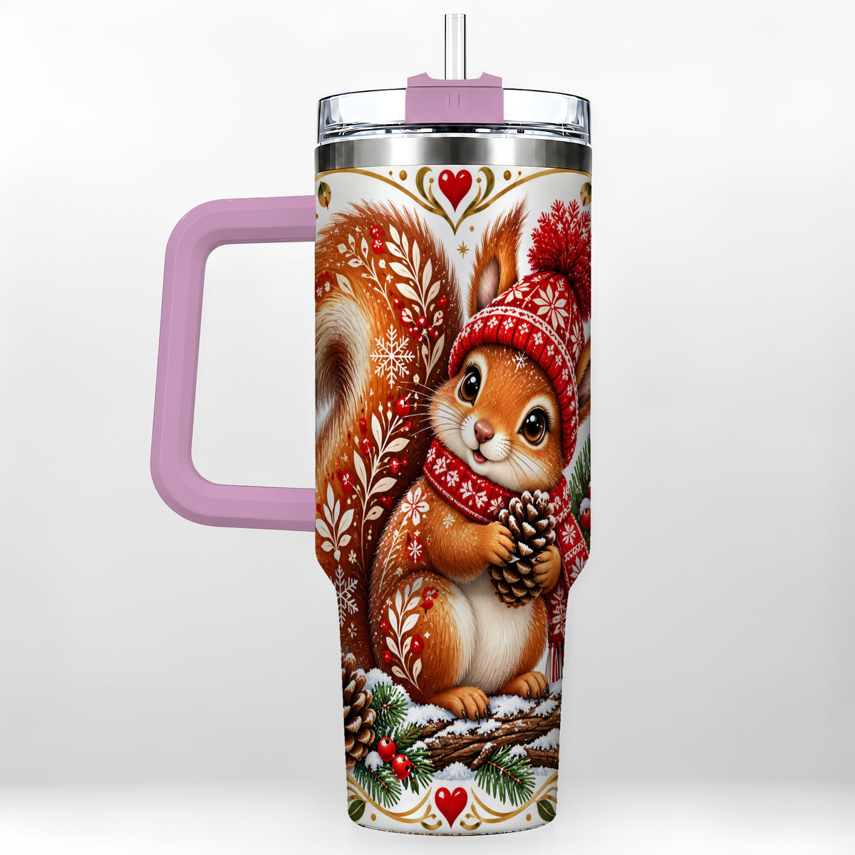 #pl[40oz|Pink] Christmas Squirrel 40oz Tumbler with Handle, Winter Woodland Design