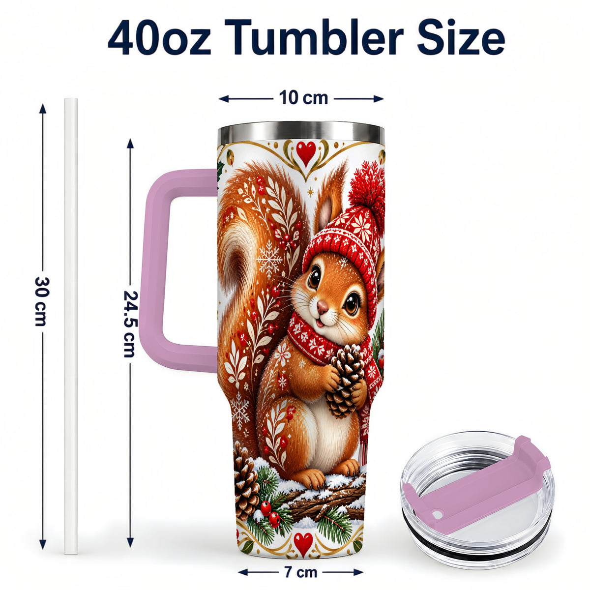 #pl[40oz|Pink] Christmas Squirrel 40oz Tumbler with Handle, Winter Woodland Design