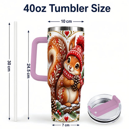 #pl[40oz|Pink] Christmas Squirrel 40oz Tumbler with Handle, Winter Woodland Design