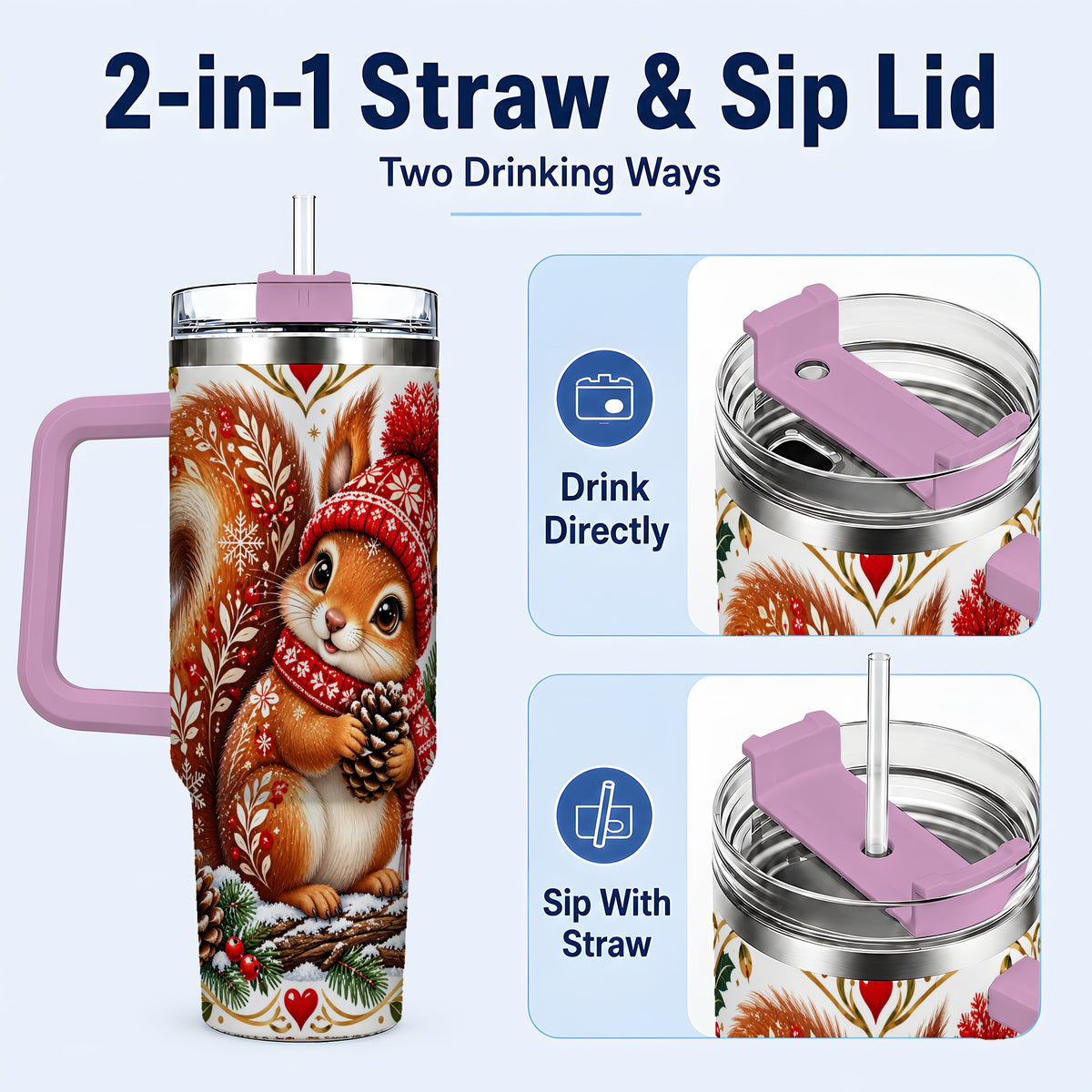 #pl[40oz|Pink] Christmas Squirrel 40oz Tumbler with Handle, Winter Woodland Design