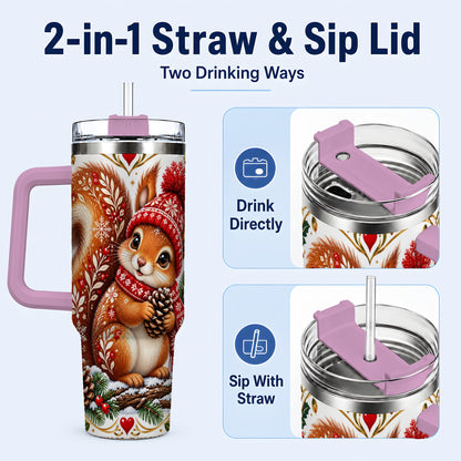 #pl[40oz|Pink] Christmas Squirrel 40oz Tumbler with Handle, Winter Woodland Design
