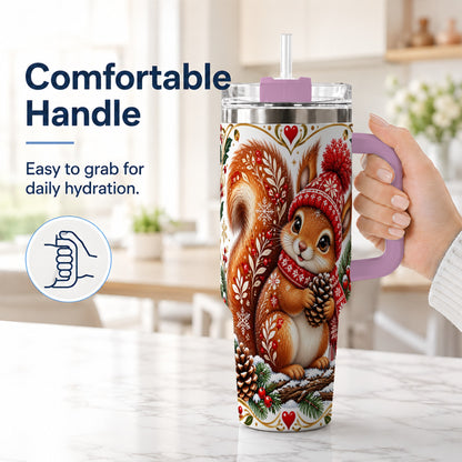 #pl[40oz|Pink] Christmas Squirrel 40oz Tumbler with Handle, Winter Woodland Design