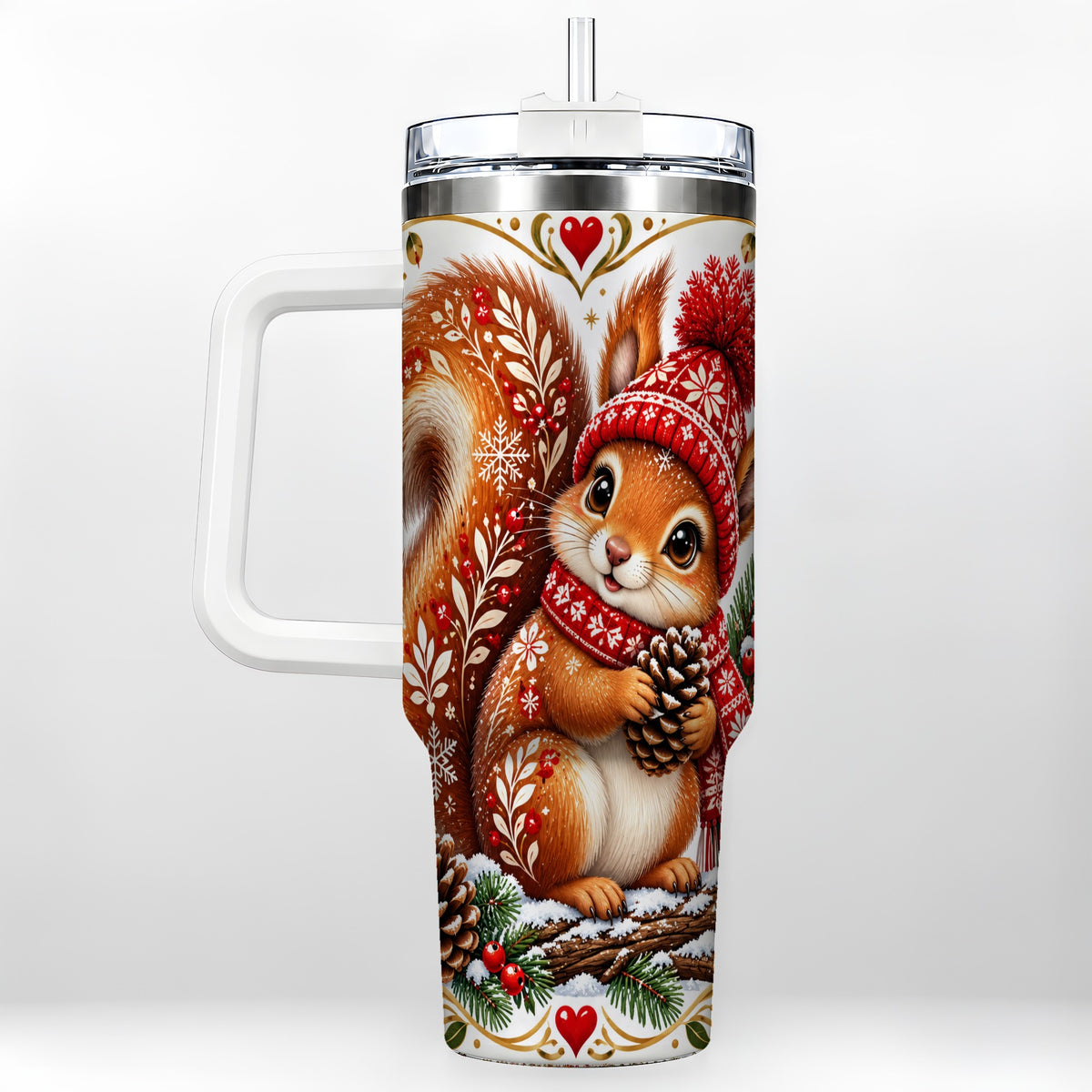 Christmas Squirrel 40oz Tumbler with Handle, Winter Woodland Design