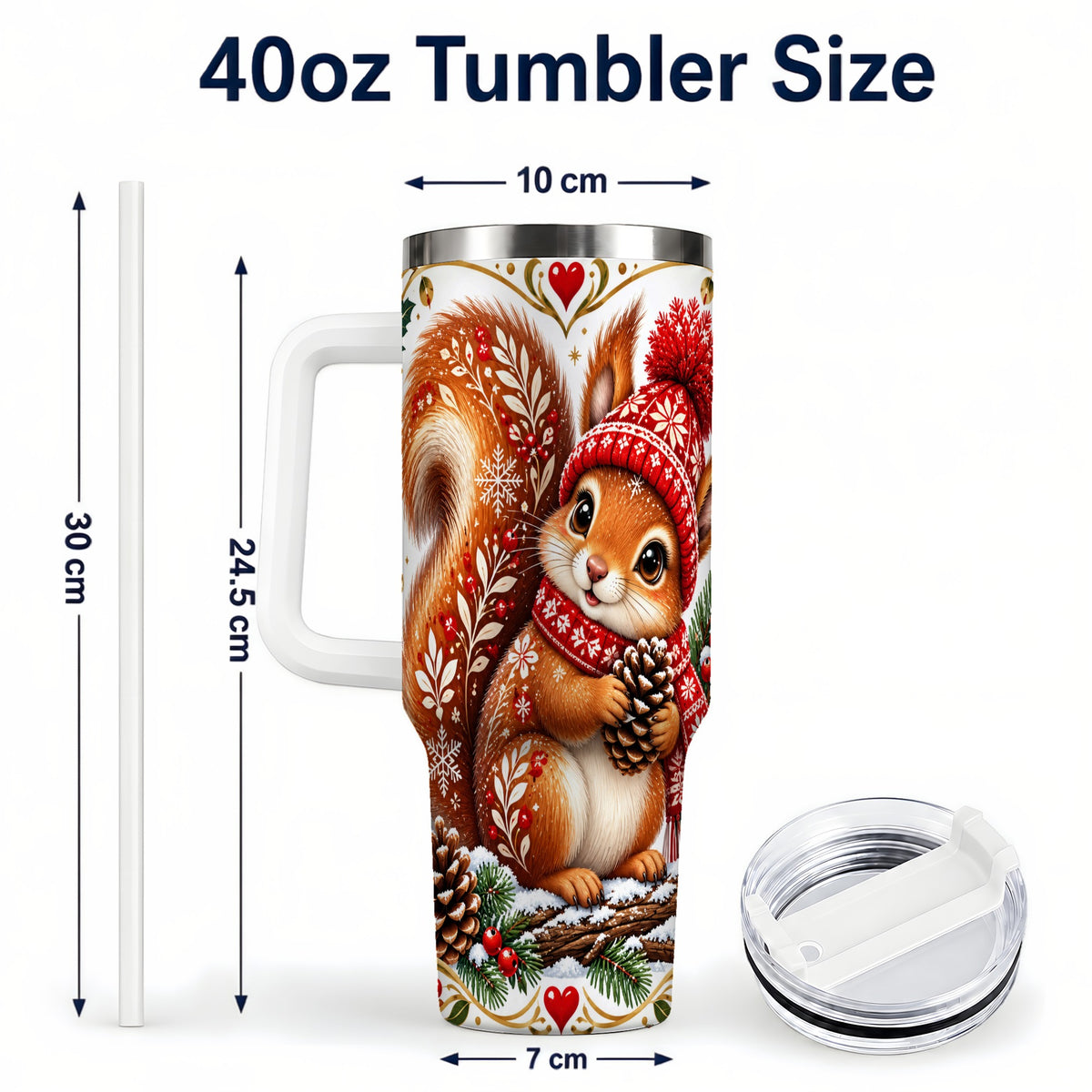 #pl[40oz|White] Christmas Squirrel 40oz Tumbler with Handle, Winter Woodland Design