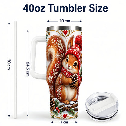 #pl[40oz|White] Christmas Squirrel 40oz Tumbler with Handle, Winter Woodland Design