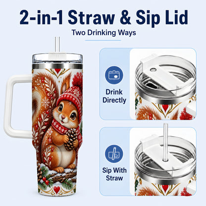 #pl[40oz|White] Christmas Squirrel 40oz Tumbler with Handle, Winter Woodland Design