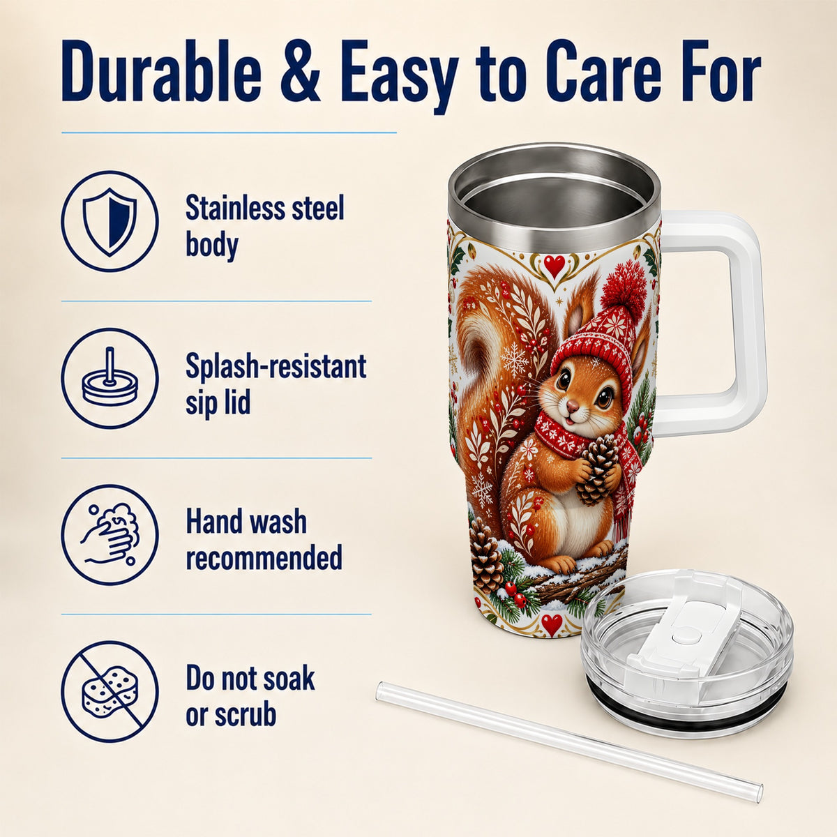 Christmas Squirrel 40oz Tumbler with Handle, Winter Woodland Design