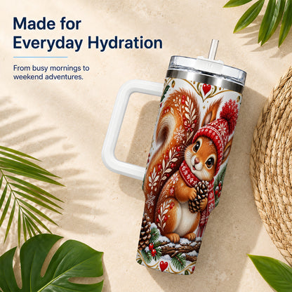 Christmas Squirrel 40oz Tumbler with Handle, Winter Woodland Design