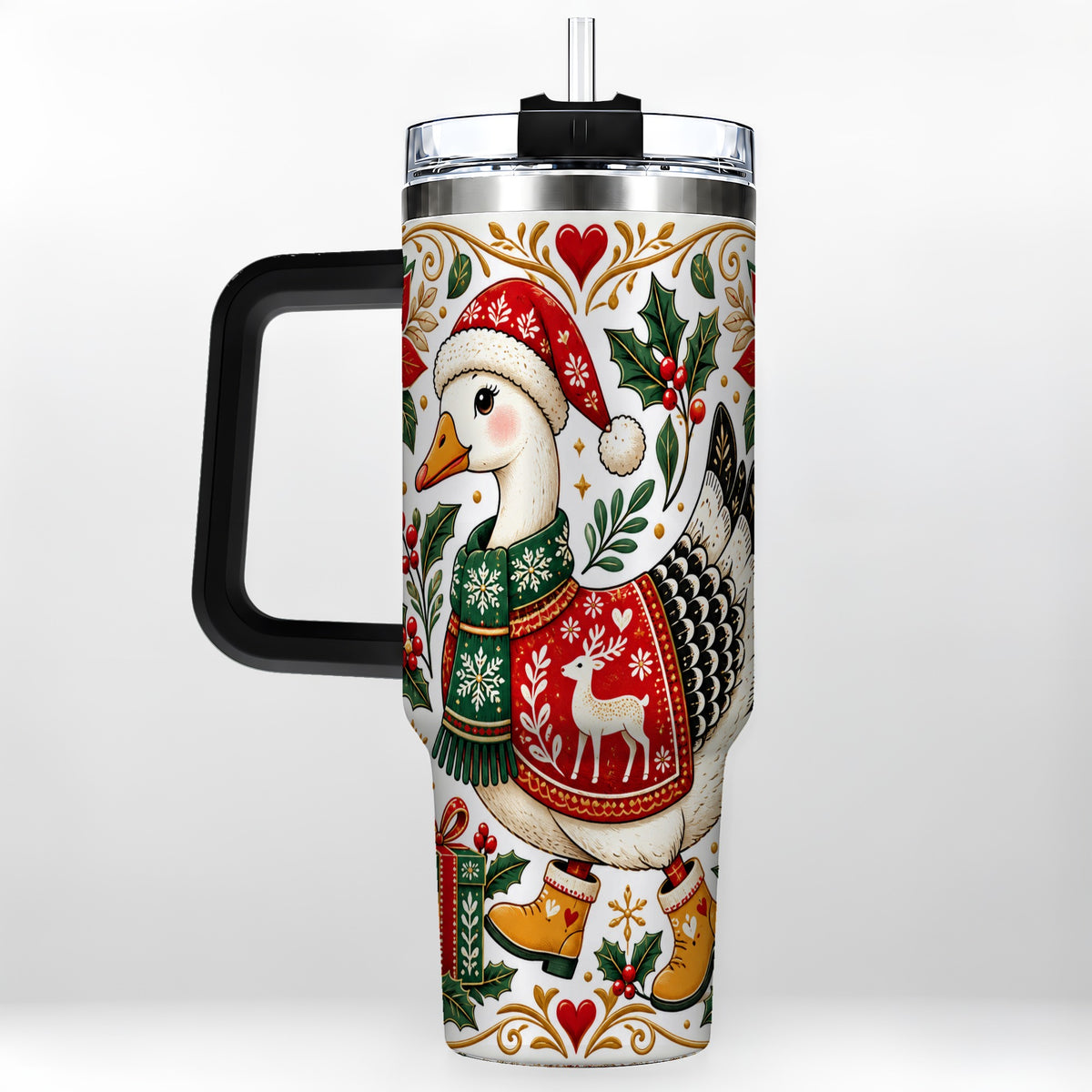#pl[40oz|Black] Christmas Goose 40oz Tumbler with Handle, Festive Farm Animal Art