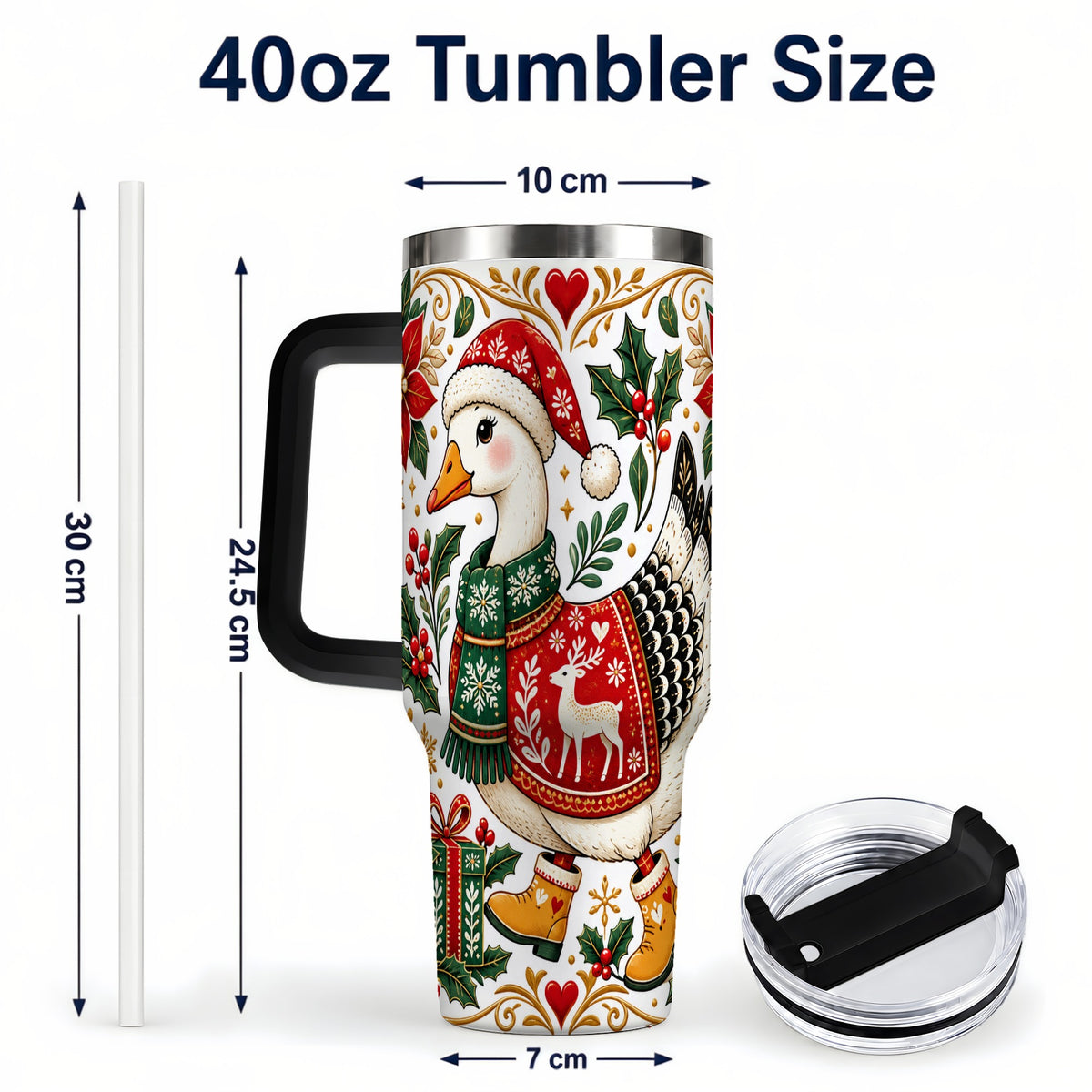 #pl[40oz|Black] Christmas Goose 40oz Tumbler with Handle, Festive Farm Animal Art