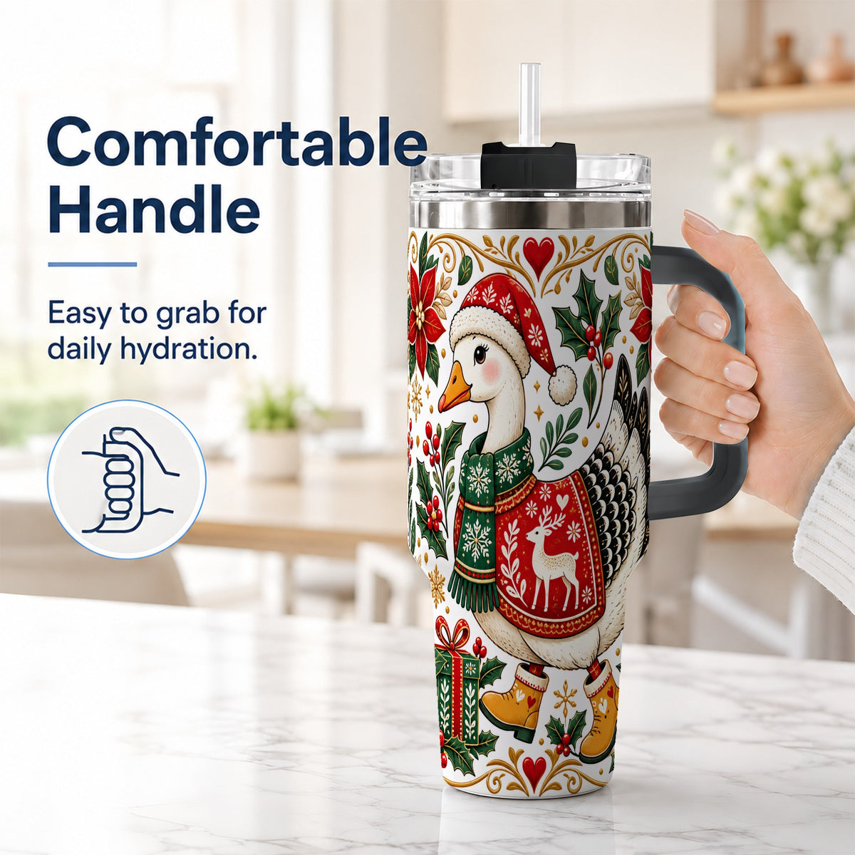 #pl[40oz|Black] Christmas Goose 40oz Tumbler with Handle, Festive Farm Animal Art