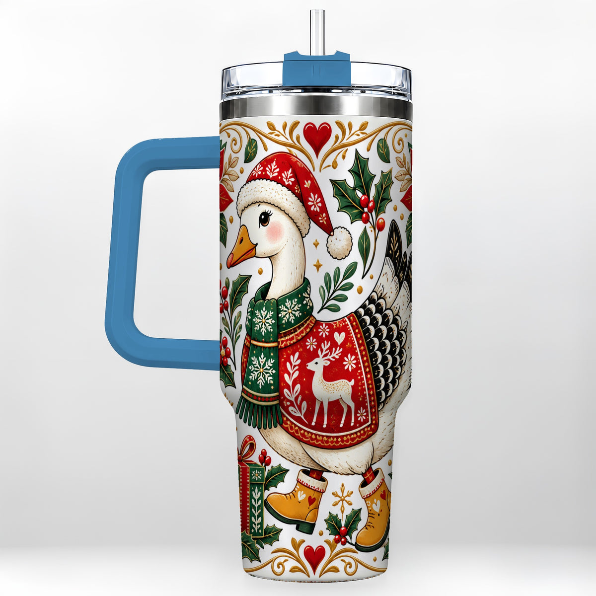 #pl[40oz|Blue] Christmas Goose 40oz Tumbler with Handle, Festive Farm Animal Art