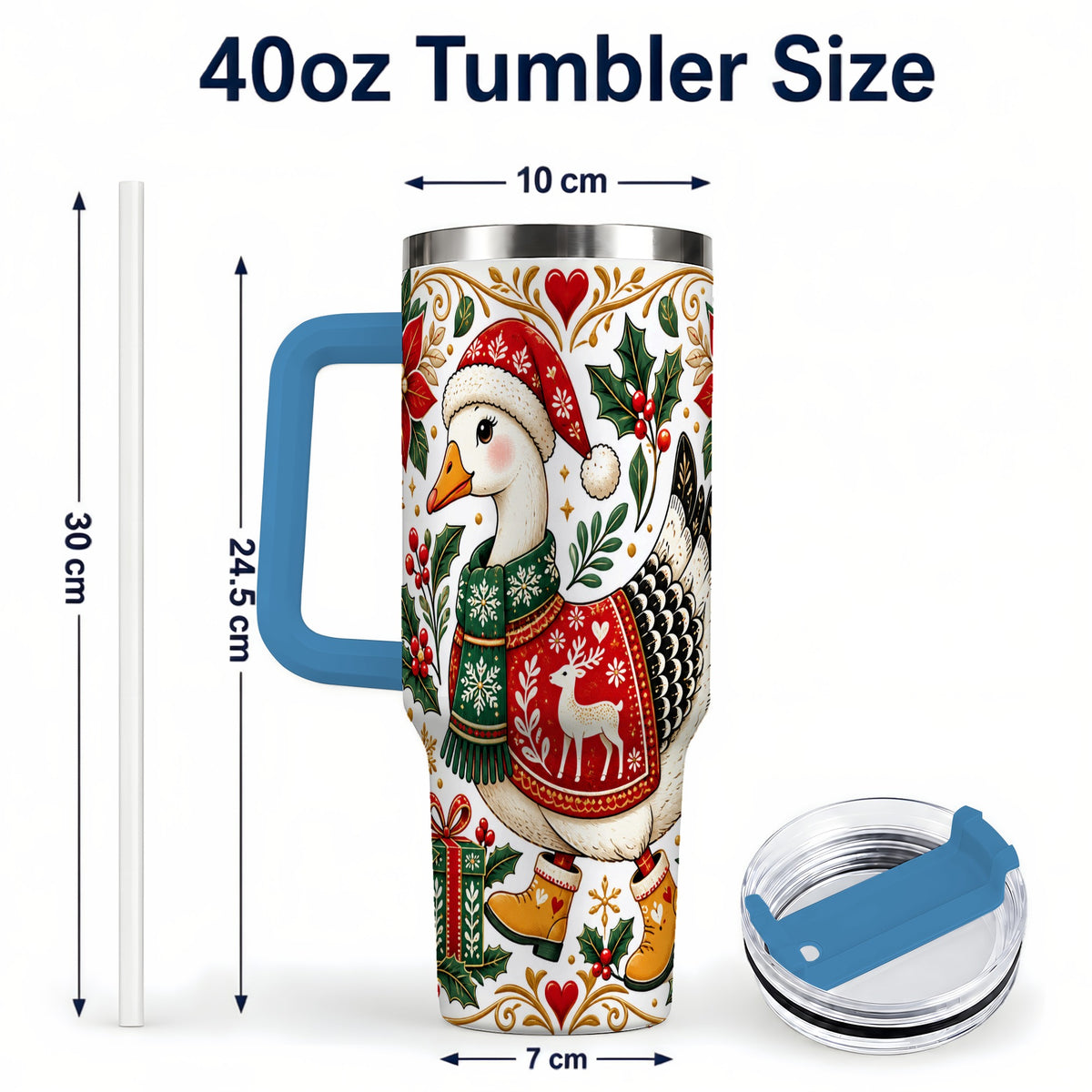 #pl[40oz|Blue] Christmas Goose 40oz Tumbler with Handle, Festive Farm Animal Art