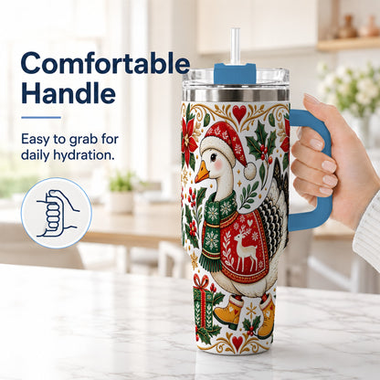 #pl[40oz|Blue] Christmas Goose 40oz Tumbler with Handle, Festive Farm Animal Art