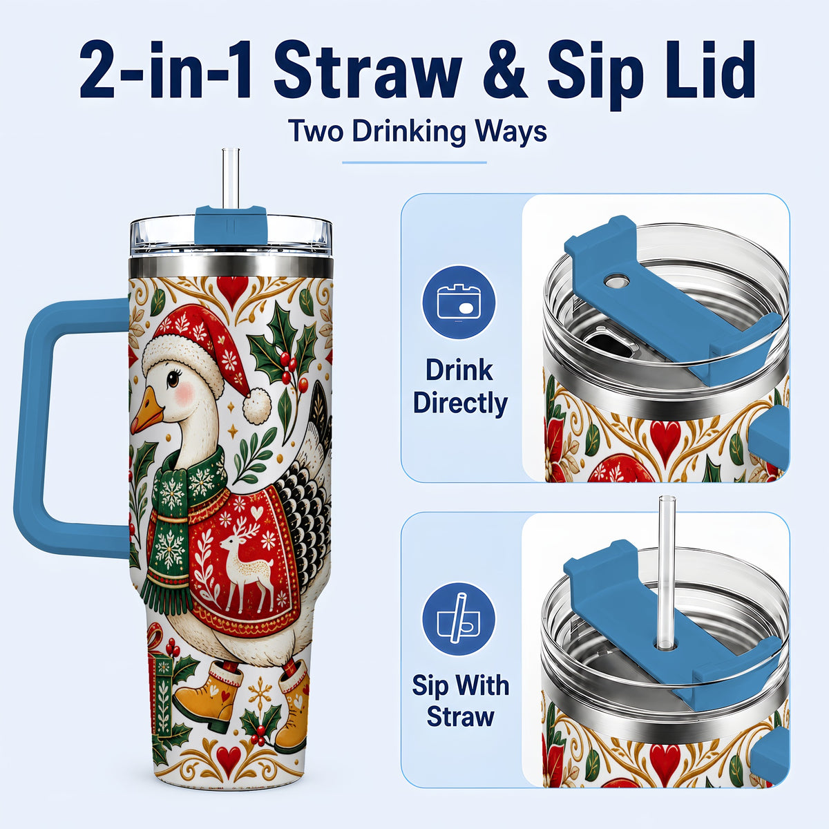 #pl[40oz|Blue] Christmas Goose 40oz Tumbler with Handle, Festive Farm Animal Art