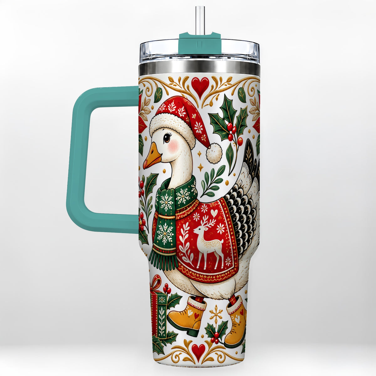 #pl[40oz|Green] Christmas Goose 40oz Tumbler with Handle, Festive Farm Animal Art