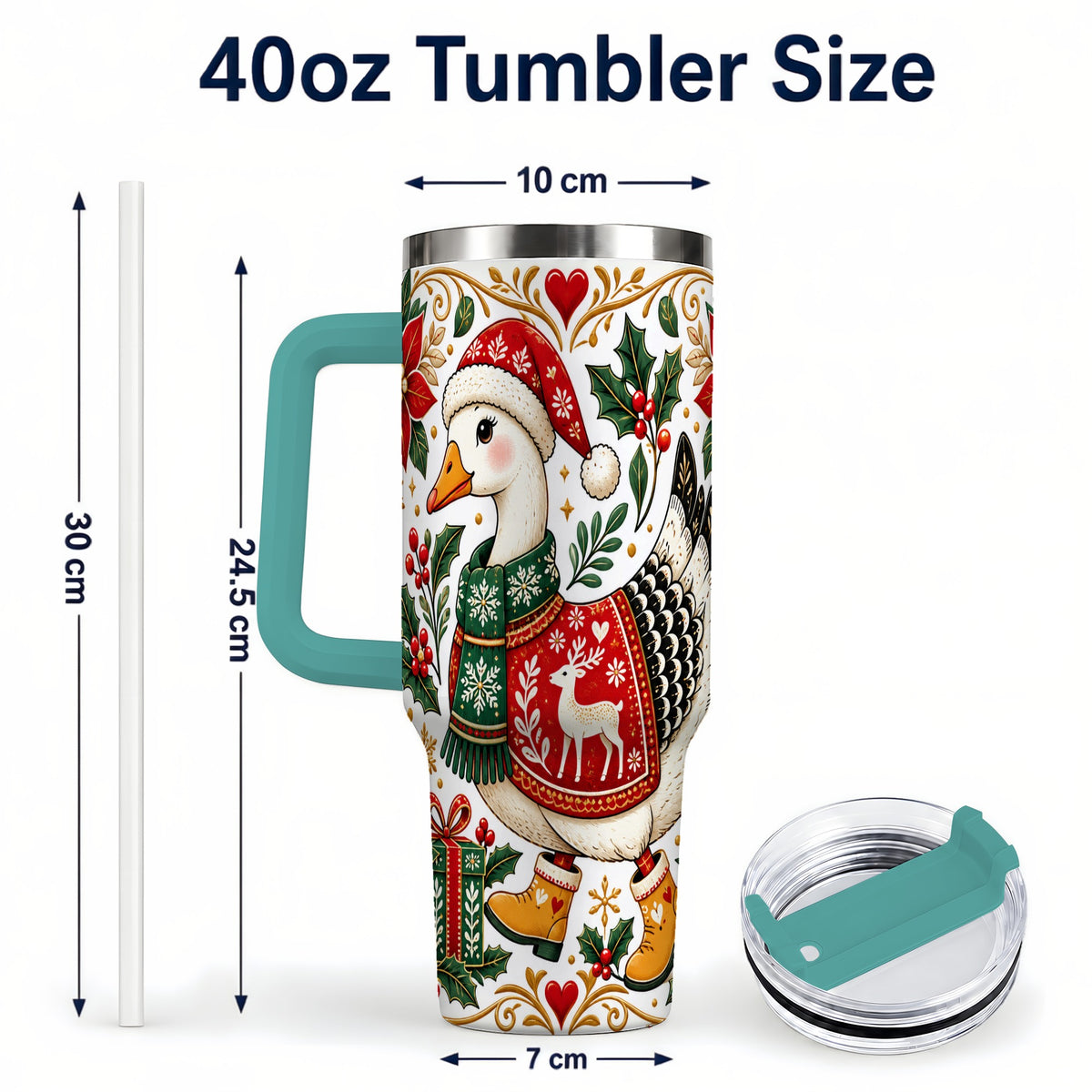 #pl[40oz|Green] Christmas Goose 40oz Tumbler with Handle, Festive Farm Animal Art