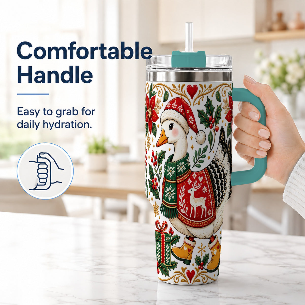 #pl[40oz|Green] Christmas Goose 40oz Tumbler with Handle, Festive Farm Animal Art