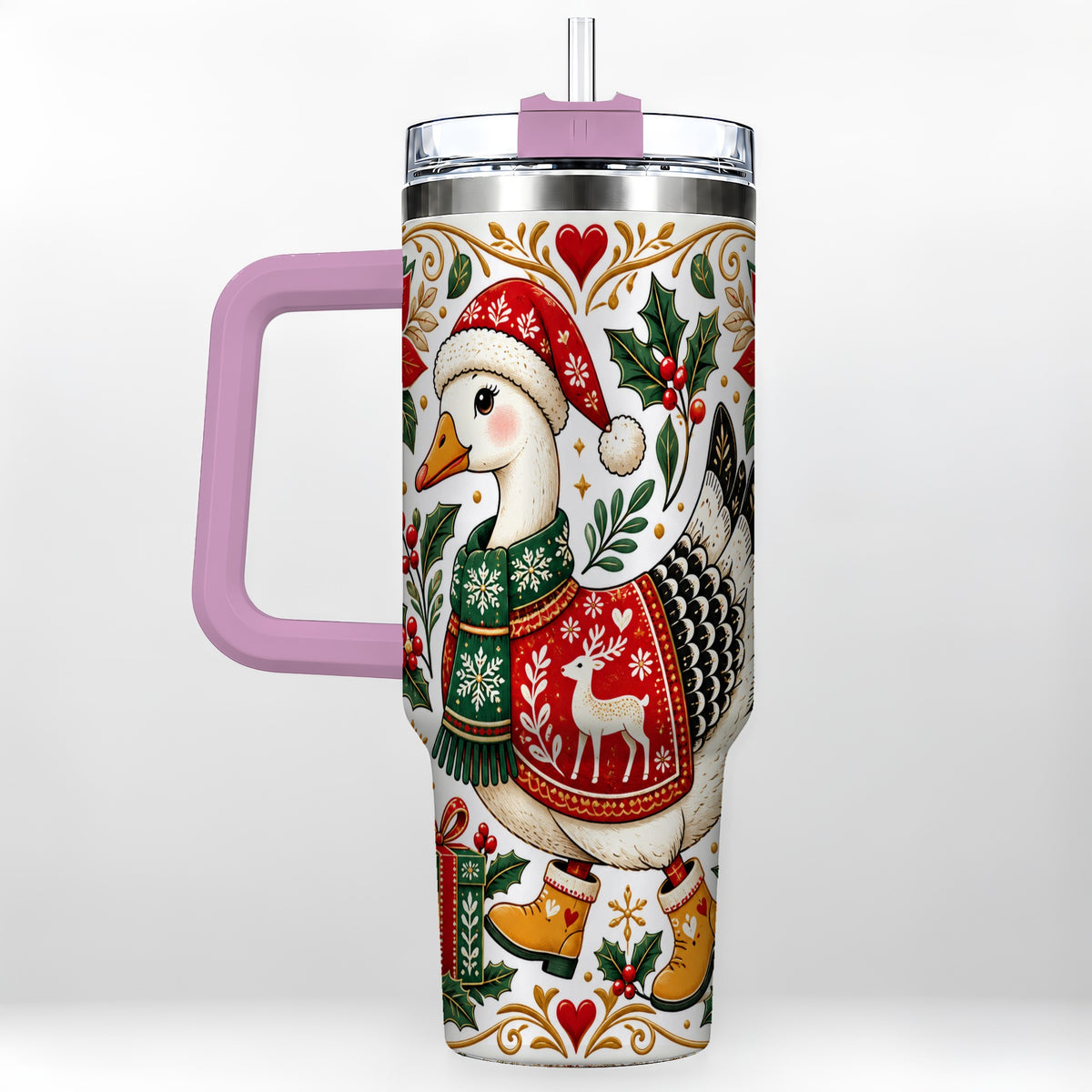 #pl[40oz|Pink] Christmas Goose 40oz Tumbler with Handle, Festive Farm Animal Art