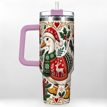 #pl[40oz|Pink] Christmas Goose 40oz Tumbler with Handle, Festive Farm Animal Art