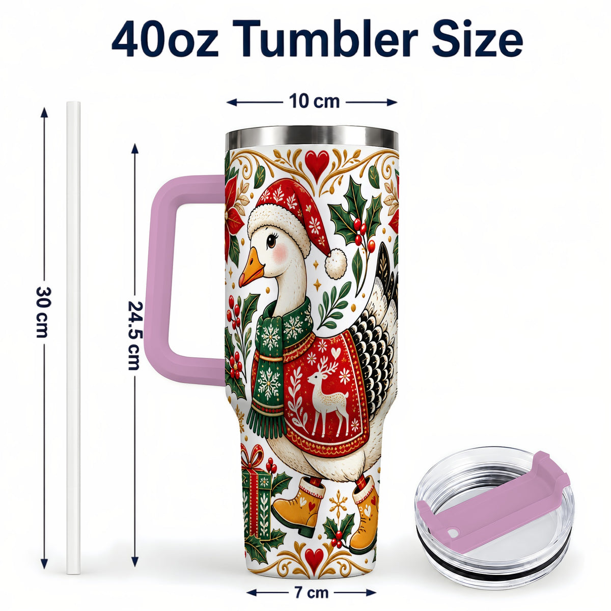 #pl[40oz|Pink] Christmas Goose 40oz Tumbler with Handle, Festive Farm Animal Art