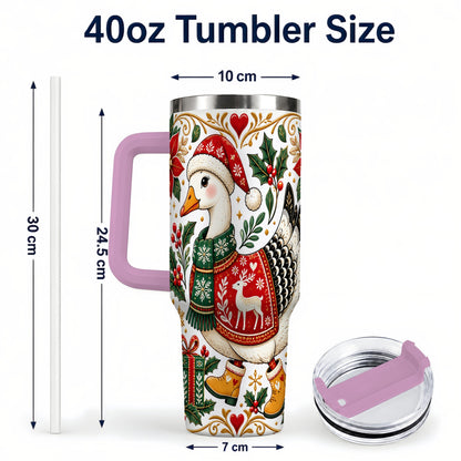 #pl[40oz|Pink] Christmas Goose 40oz Tumbler with Handle, Festive Farm Animal Art