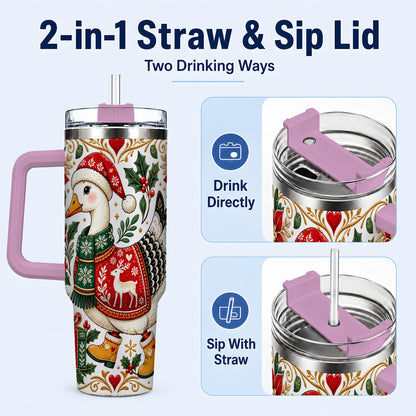 #pl[40oz|Pink] Christmas Goose 40oz Tumbler with Handle, Festive Farm Animal Art
