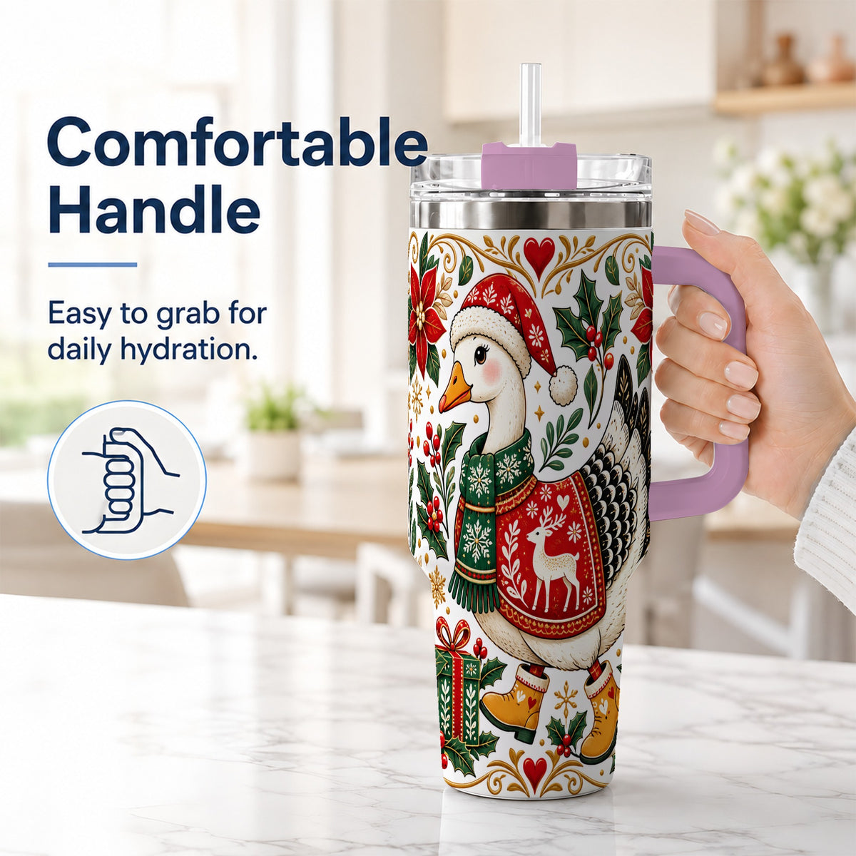 #pl[40oz|Pink] Christmas Goose 40oz Tumbler with Handle, Festive Farm Animal Art
