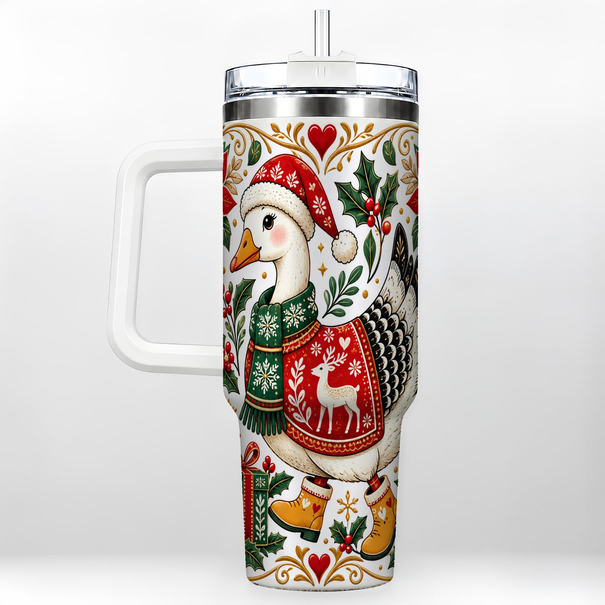 Christmas Goose 40oz Tumbler with Handle, Festive Farm Animal Art