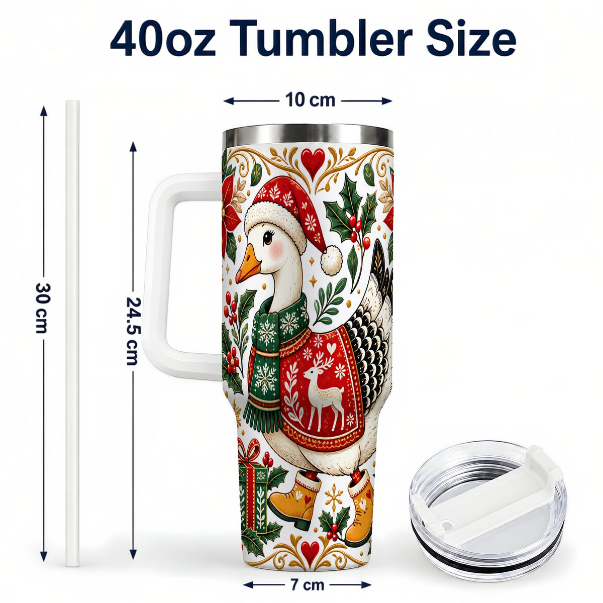 #pl[40oz|White] Christmas Goose 40oz Tumbler with Handle, Festive Farm Animal Art
