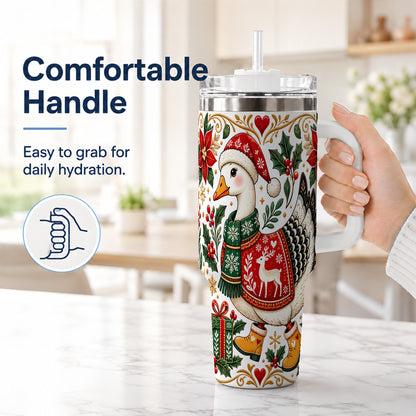 #pl[40oz|White] Christmas Goose 40oz Tumbler with Handle, Festive Farm Animal Art