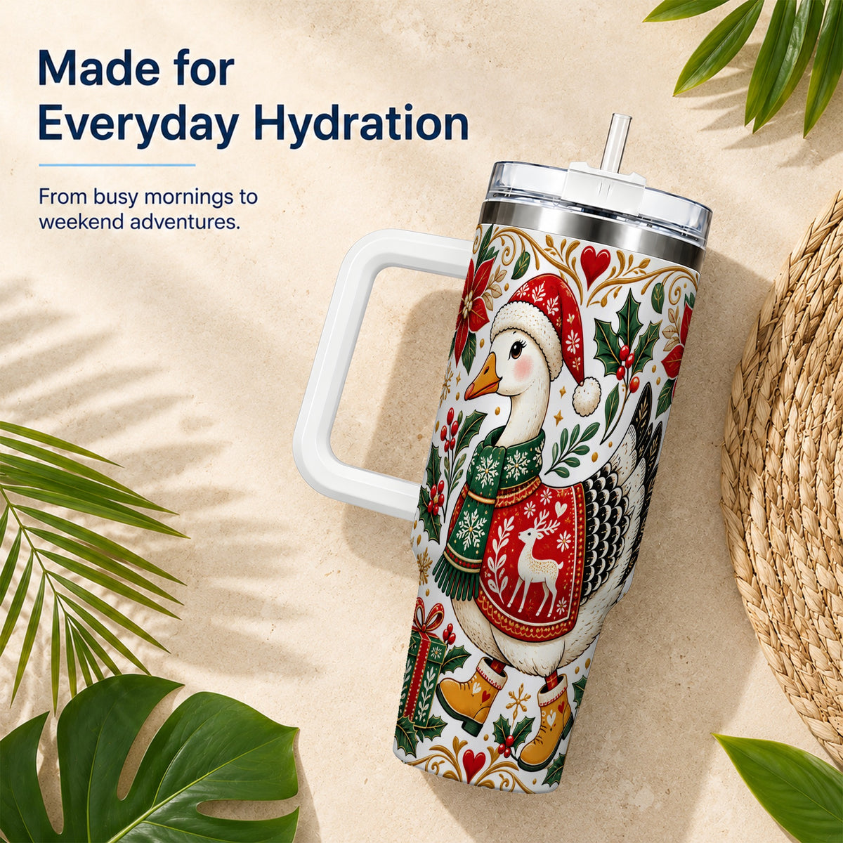 Christmas Goose 40oz Tumbler with Handle, Festive Farm Animal Art