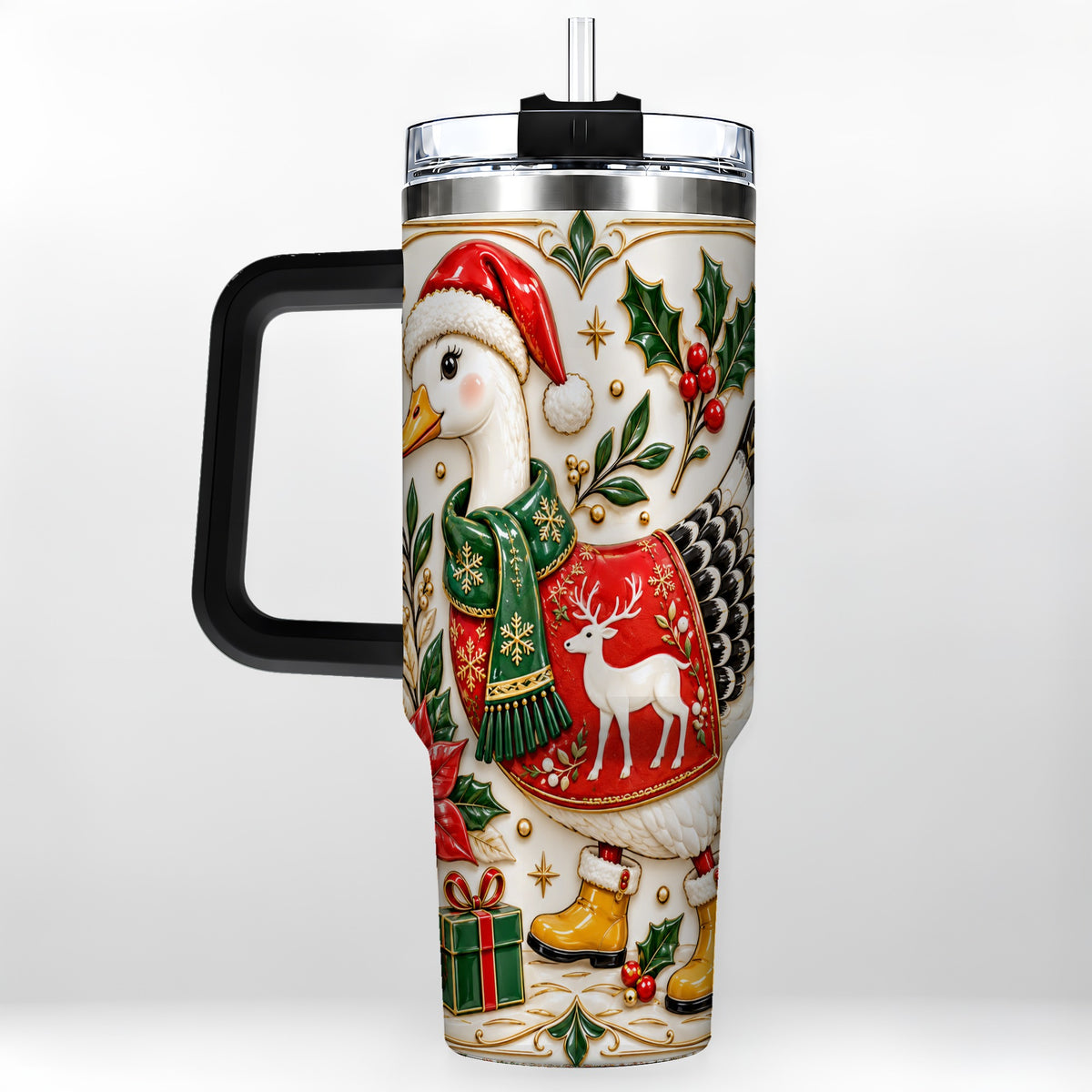 #pl[40oz|Black] Christmas Goose 40oz Tumbler with Handle, Porcelain Style Holiday Art