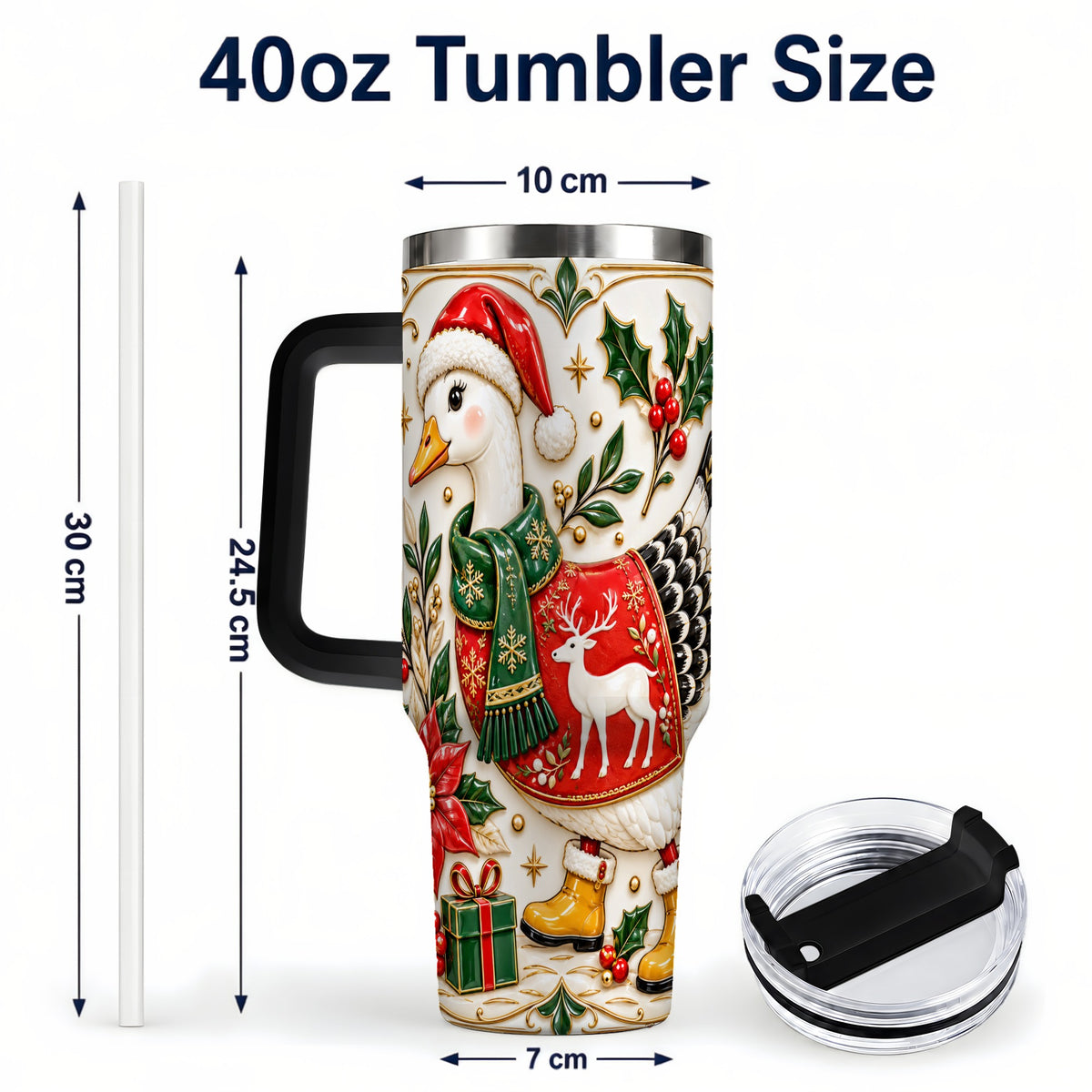 #pl[40oz|Black] Christmas Goose 40oz Tumbler with Handle, Porcelain Style Holiday Art