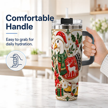 #pl[40oz|Black] Christmas Goose 40oz Tumbler with Handle, Porcelain Style Holiday Art