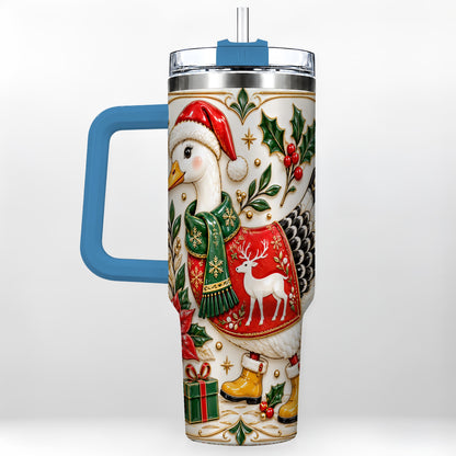 #pl[40oz|Blue] Christmas Goose 40oz Tumbler with Handle, Porcelain Style Holiday Art