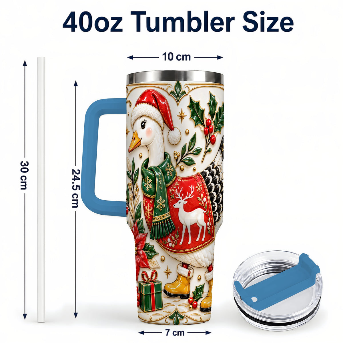 #pl[40oz|Blue] Christmas Goose 40oz Tumbler with Handle, Porcelain Style Holiday Art