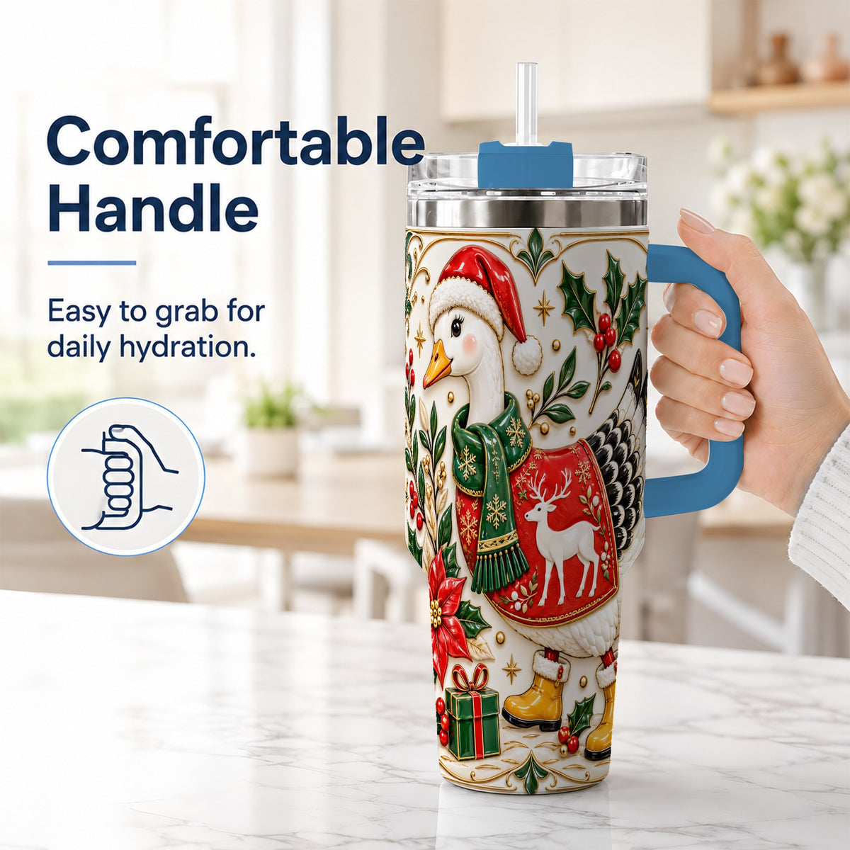 #pl[40oz|Blue] Christmas Goose 40oz Tumbler with Handle, Porcelain Style Holiday Art