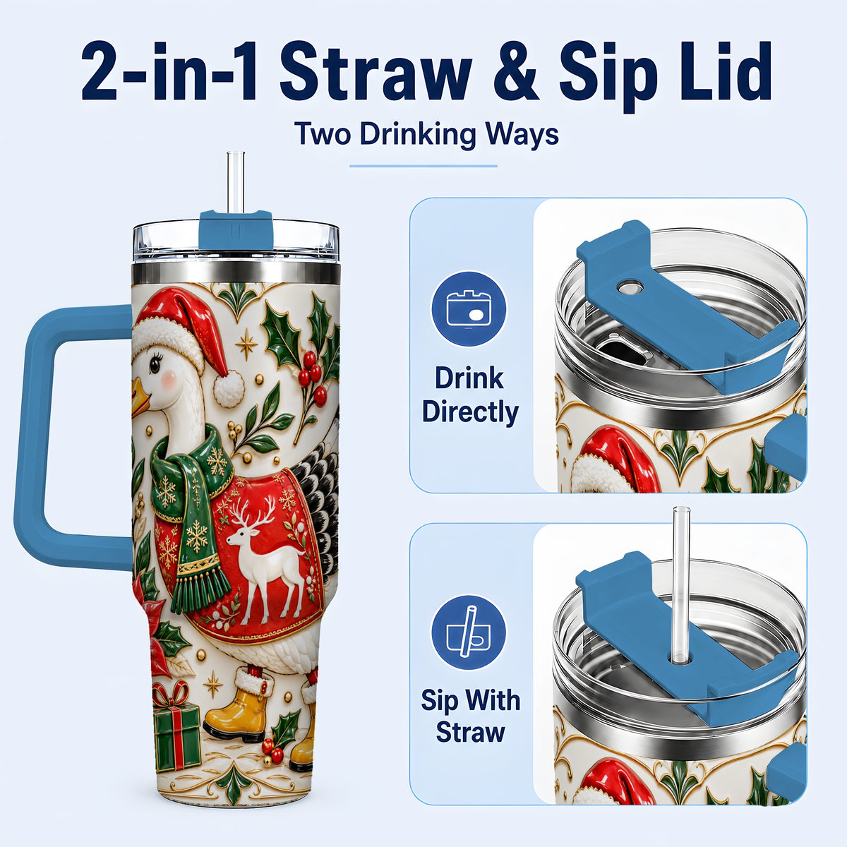 #pl[40oz|Blue] Christmas Goose 40oz Tumbler with Handle, Porcelain Style Holiday Art