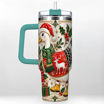 #pl[40oz|Green] Christmas Goose 40oz Tumbler with Handle, Porcelain Style Holiday Art