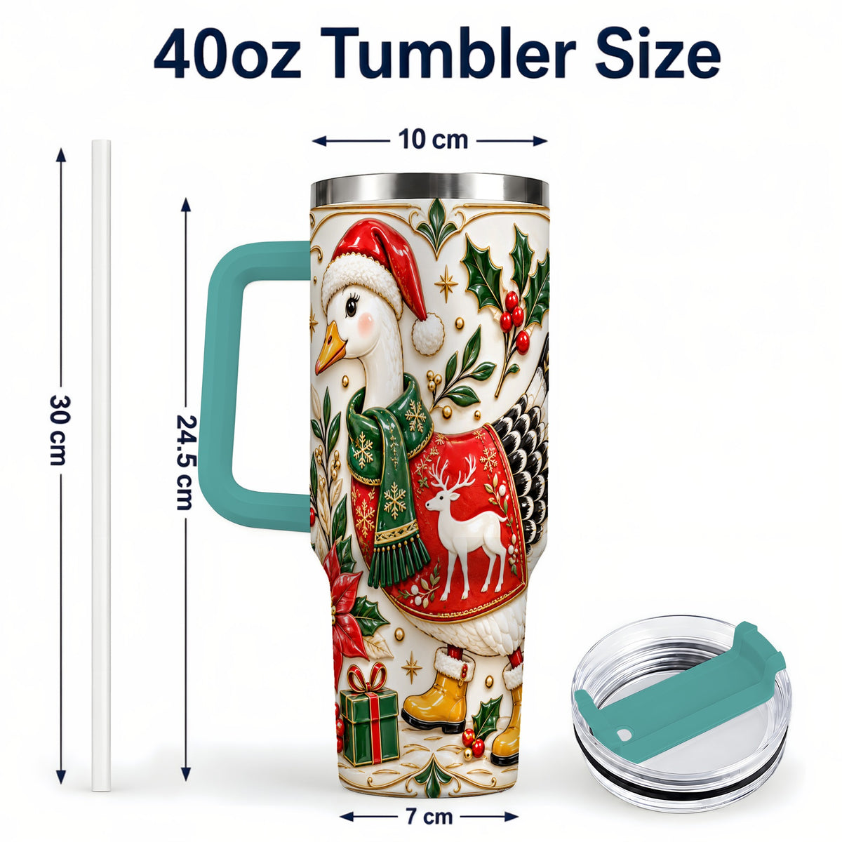 #pl[40oz|Green] Christmas Goose 40oz Tumbler with Handle, Porcelain Style Holiday Art