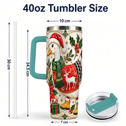 #pl[40oz|Green] Christmas Goose 40oz Tumbler with Handle, Porcelain Style Holiday Art