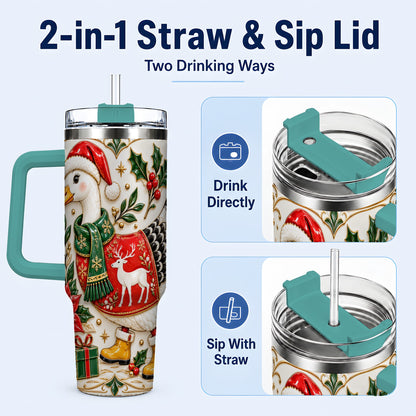#pl[40oz|Green] Christmas Goose 40oz Tumbler with Handle, Porcelain Style Holiday Art