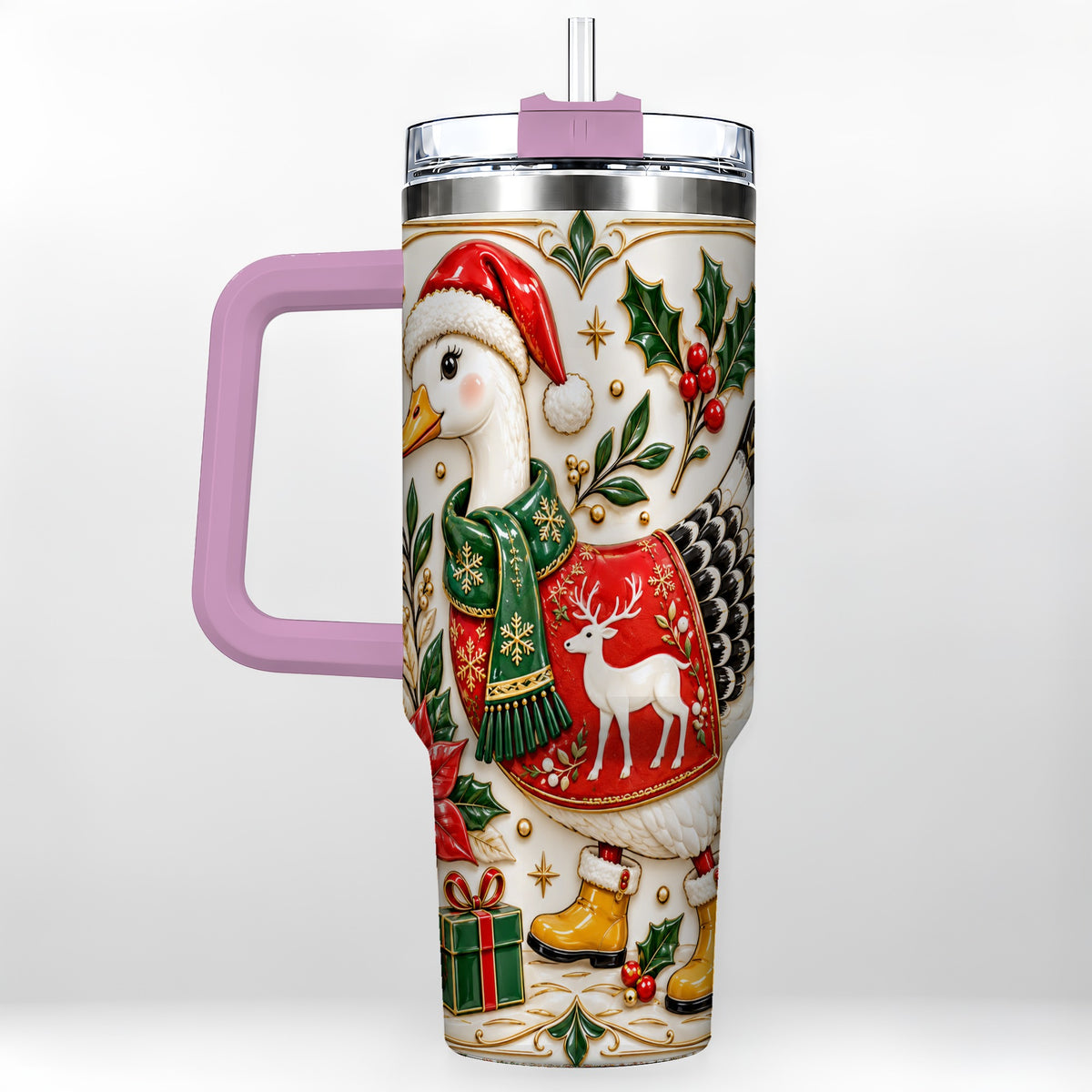 #pl[40oz|Pink] Christmas Goose 40oz Tumbler with Handle, Porcelain Style Holiday Art