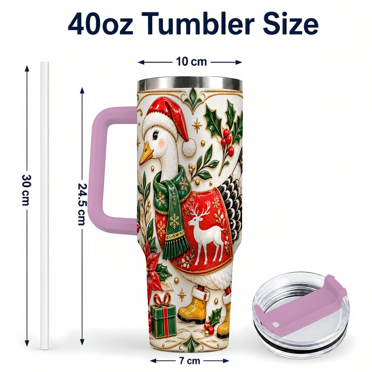 #pl[40oz|Pink] Christmas Goose 40oz Tumbler with Handle, Porcelain Style Holiday Art