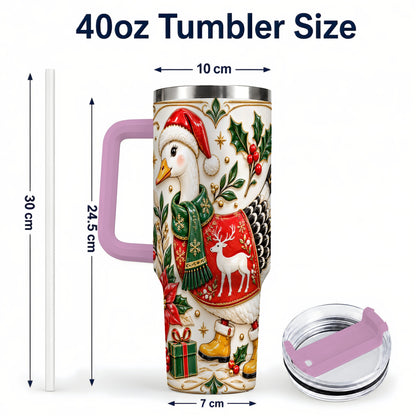 #pl[40oz|Pink] Christmas Goose 40oz Tumbler with Handle, Porcelain Style Holiday Art