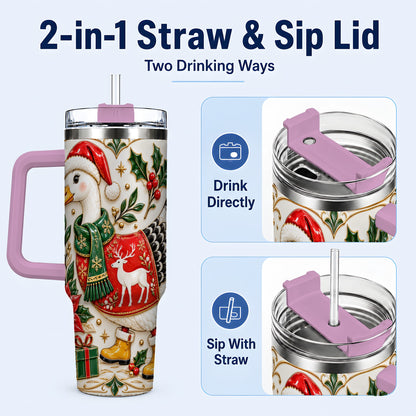 #pl[40oz|Pink] Christmas Goose 40oz Tumbler with Handle, Porcelain Style Holiday Art