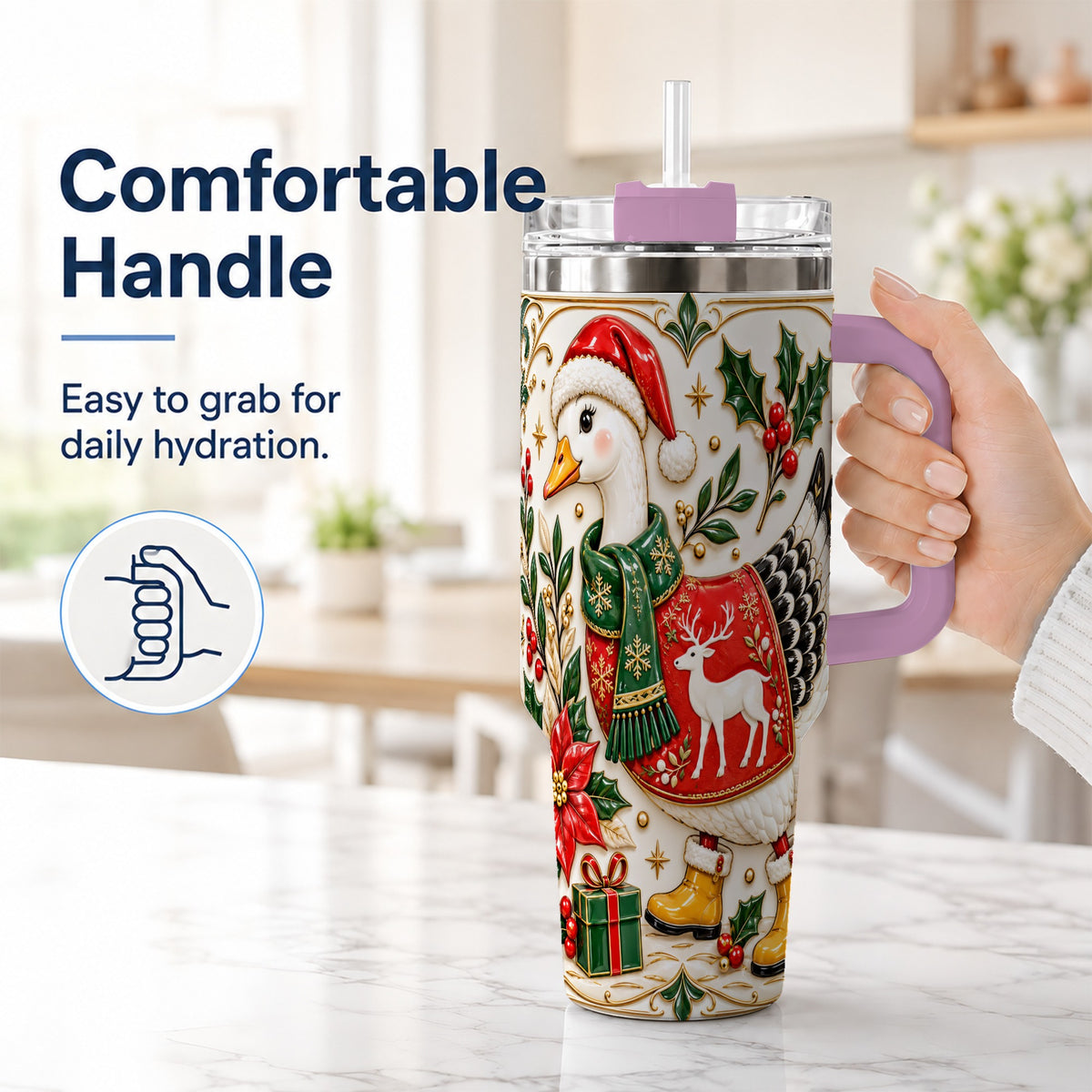 #pl[40oz|Pink] Christmas Goose 40oz Tumbler with Handle, Porcelain Style Holiday Art