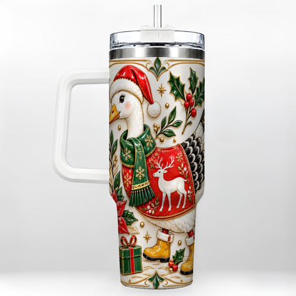 Christmas Goose 40oz Tumbler with Handle, Porcelain Style Holiday Art