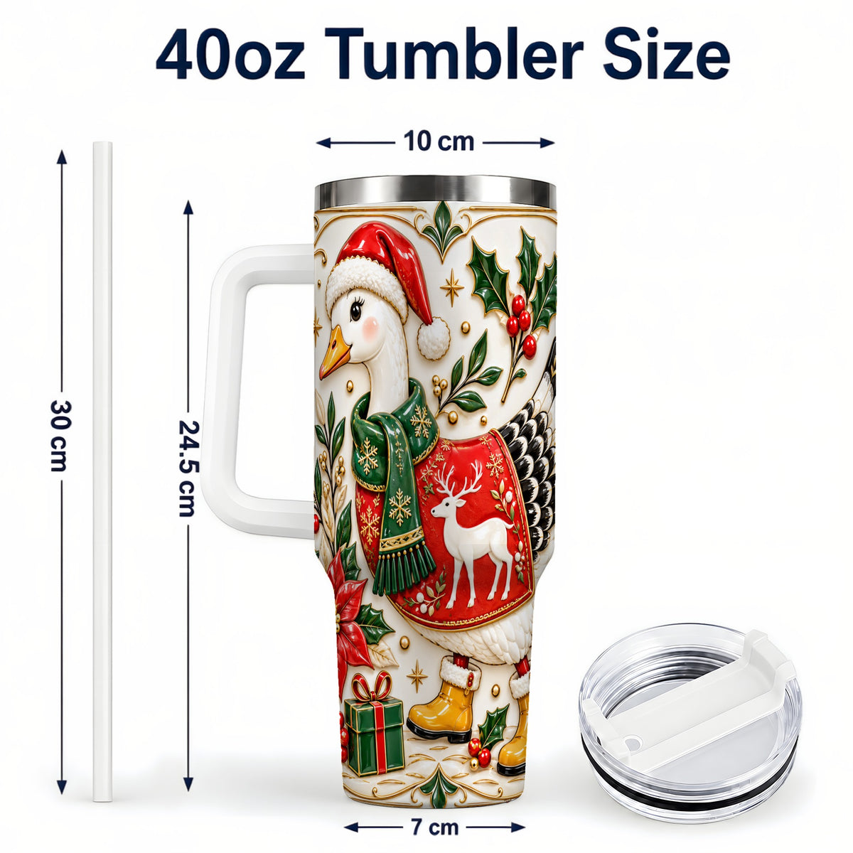 #pl[40oz|White] Christmas Goose 40oz Tumbler with Handle, Porcelain Style Holiday Art
